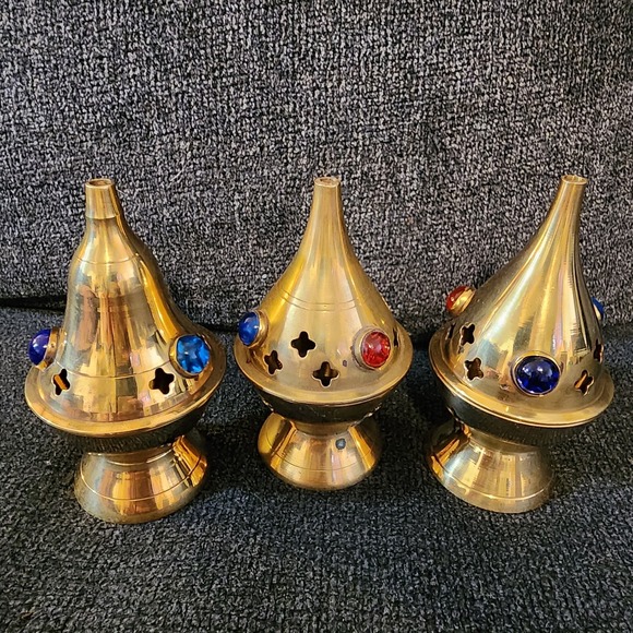 Other - Set Of 3 Brass Incense Burner/ Tea Candle Holder‎ India 4"